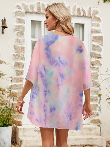 Chunoy Women Summer Tie Dye Short Sleeve Loose Chiffon Kimono Cardigan Open Front Beach Wear Cover Up Medium