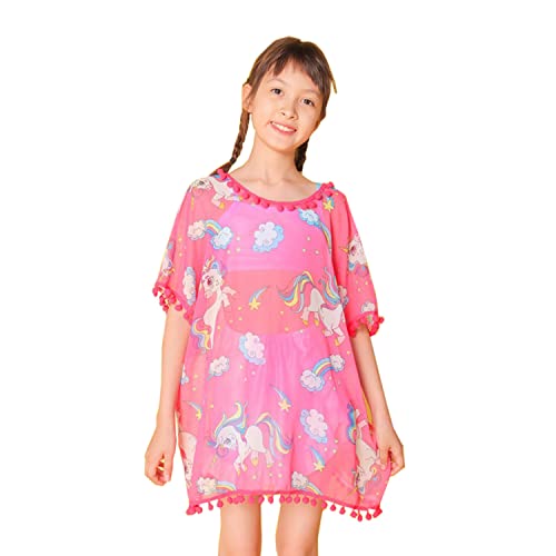 Unicorn Girls Swim Cover Up Beach Summer Swimwear Cover Ups Quick Dry Swimsuit Wraps With Cute Pom Pom Trim Rose Red 3-4 Years #TOP24