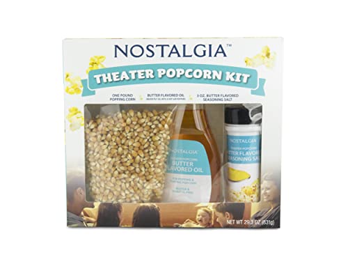 Nostalgia Theater Popcorn Kit – 1 lb. Kernels, 3 oz. Seasoning Salt, 12.5 oz. Butter Flavored Oil – Compatible with Kettles &amp; Air Poppers – Movie Night Supplies