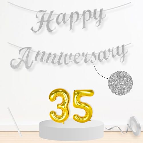 Image of Flyloons 35th Happy Anniversary Banner Silver Decorations Kit for Men Women Wedding Anniversary Banner Items without Balloons