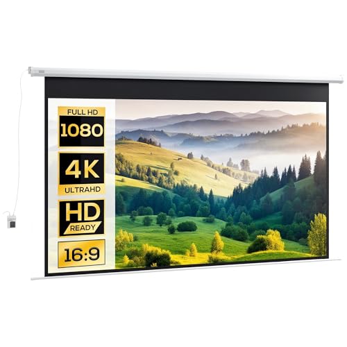 HOMCOM Écran vidéoprojecteur 120 Pouces, 16:9 4K HD écran de Projection motorisé et électrique, écran de Projection TV et Home cinéma, Montage Mural ou Plafond, Panneau de Commande et télécommande