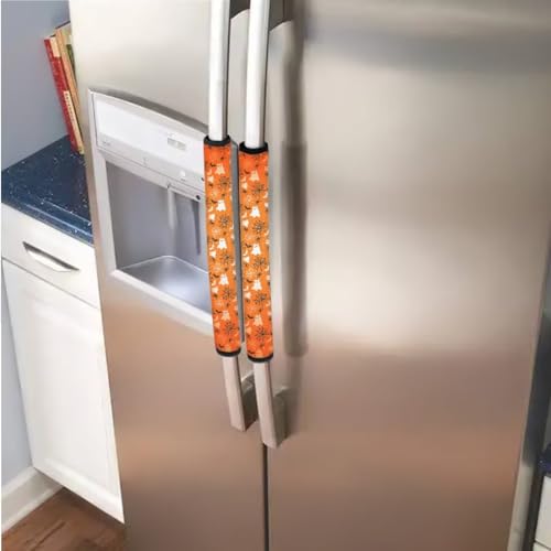 Image of Refrigerator Door Handle Covers Pack of 6 Neoprene Waterproof Door Cloth Protector for Kitchen Appliance Handles Home Decor and Accessories, Ghost Cat Bat Spider Web Halloween Decor Orange