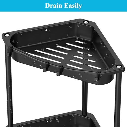 Image of HuggieGems 4 Tier Floor Standing Corner Shower Caddy Organizer Shelf with Hooks, Bathroom Shelves Stand Rack, Jet Black