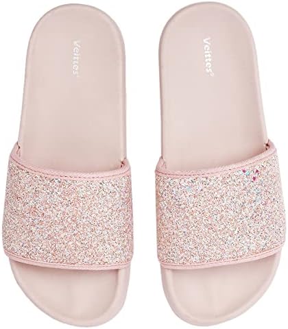 Veittes Kid's Girl Boy Pool Slide Sandals, Slip On Bling Bath Shower Beach Sliders for Younger Older Children.(2008001-2,PK/GT,4)
