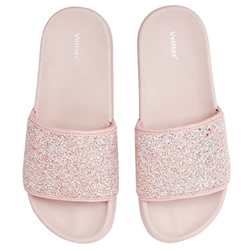 Veittes Kid's Girl Boy Pool Slide Sandals, Slip On Bling Bath Shower Beach Sliders For Younger Older Children.(2008001-2,Pk/Gt,4) #TOP23