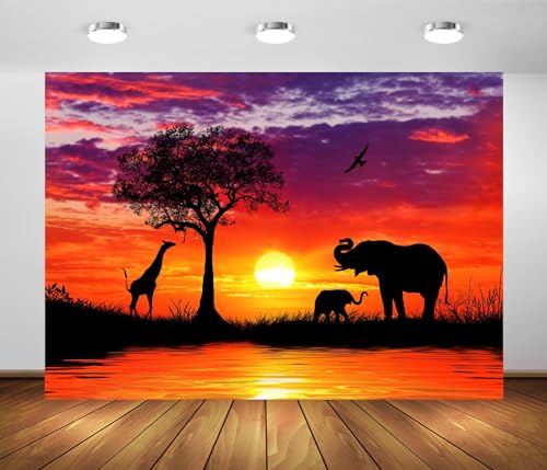 CORFOTO 7x5ft Fabric African Animals Backdrop Sunset Africa Safari Silhouette Background Elephant Wild Animals Backdrop for Photography Adults Portrait African Themed Party Safari Photo Booth Props