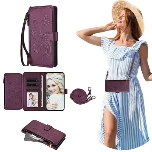 SEHEYA Custodia a Libro per Motorola Moto Edge 60 Fusion Case Embossed Flip Portafoglio Cover Cordino Tracolla Regolabile in Pelle PU con Cerniera Slot Schede Caso, Viola