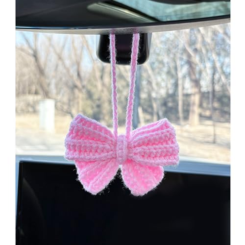 Cute Pink Bow Car Accessories Rear View Mirror Hand Knitted Crochet Car Charm Hanging Ornaments Decor for Women Girl
