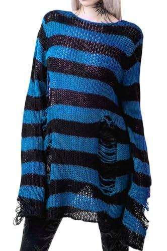 Image of Goth Y2K Striped Sweater Grunge Ripped Punk Gothic Sweaters for Women
