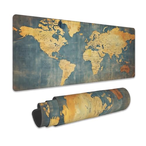 Grunge Tapis de souris de jeu, motif carte du monde vintage, grand tapis de bureau avec base antidérapante et bords cousus, long tapis de souris pour clavier d'ordinateur pour la maison, le bureau, le
