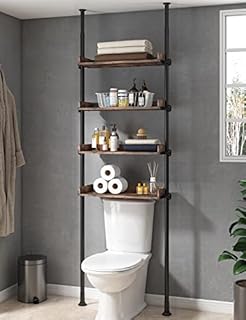 ALLZONE Bathroom Organizer, Over The Toilet Storage, 4-Tier Adjustable Wood Shelves for Small Rooms, Saver Space Rack, 92 to 116 Inch Tall, Narrow Cabinet, Rustic Brown