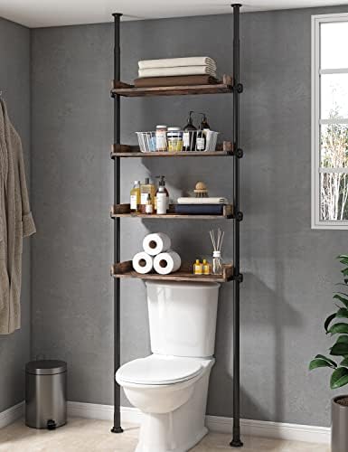ALLZONE Bathroom Organizer, Over The Toilet Storage, 4-Tier Adjustable Wood Shelves for Small Rooms, Saver Space Rack, 92 to 116 Inch Tall, Narrow Cabinet, Rustic Brown