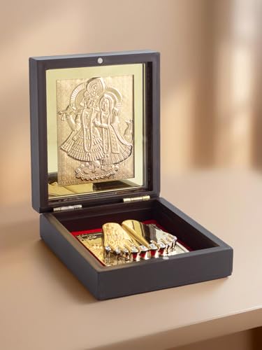 Image of 24K Gold Polished Brown and Gold Color Shree Radha Krishna Small Pooja Box | Ideal Gift for Hindu Religious, Family and Friends, Corporate Gifts etc... | Worship, Gifting, and Spiritual Blessings.