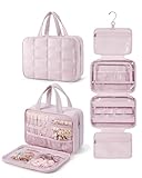 BAGSMART Hanging Toiletry Bag with Jewellery Compartment, Travel Bag for Toiletries, Puffy Makeup Cosmetic Organiser, Carry-on Travel Accessories Essentials, Pink-M