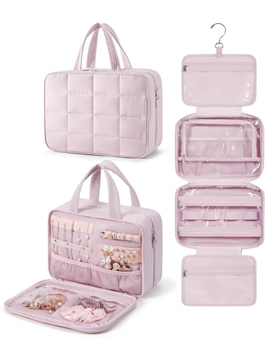 BAGSMART Hanging Toiletry Bag with Jewelry Organizer, Travel Bag for Toiletries, Puffy Makeup Cosmetic Bag Organizer, Carry-on Travel Accessories Essentials, Pink-M BAGSMART Hanging Toiletry Bag with Jewelry Organizer, Travel Bag for Toiletries, Puffy Makeup Cosmetic Bag Organizer, Carry-on Travel Accessories Essentials, Pink-M