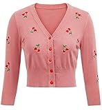 Belle Poque Women's 3/4 Sleeve V-Neck Button Down Cherries Embroidery Cropped Cardigan Sweater Coat Pink XL