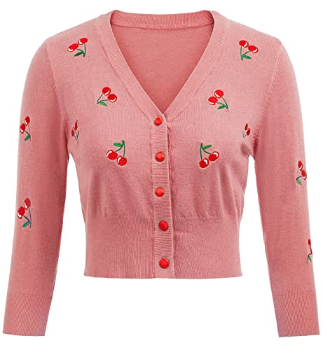 Image of Belle Poque Women's 3 /4 Sleeve V-Neck Button Down Cherries Embroidery Cropped Cardigan Sweater Coat