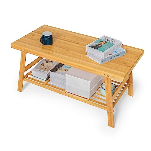 Magshion Living Room Bamboo Dual Tier Coffee Table with Open Storage Shelf, Sitting Room Tea Table Multi-Functional and Durable Bamboo 2- Tier Coffee Table with Storage Magshion Living Room Bamboo Dual Tier Coffee Table with Open Storage Shelf, Sitting Room Tea Table Multi-Functional and Durable Bamboo 2- Tier Coffee Table with Storage