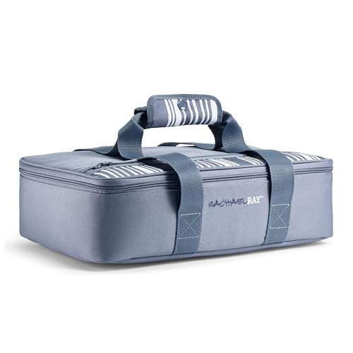 Rachael Ray Lasagna Lugger, Thermal Insulated Casserole Carrier for Hot or Cold Food, Lugger Tote for Potluck, Parties, Picnic, and Cookouts, Fits 9" x 13" Baking Dish, Slate Stripe