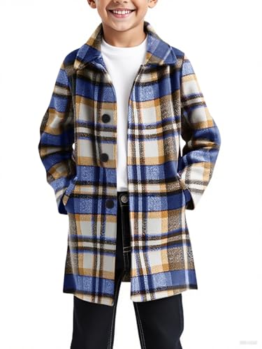 Image of Haloumoning Boys Plaid Dress Coat Kids Fall Button Down Wool Blend Pea Coats Jackets with Pockets 5-14 Years