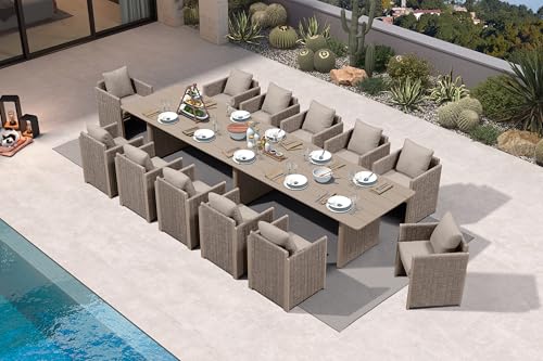 PURPLE LEAF Luxury 12-Person Outdoor Dining Set 157-Inch Aluminum Patio Table with Handwoven Olefin Rope Chairs, Cushioned Seating for Large Gatherings, Estate Patio and Poolside Entertaining Beige