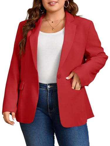 Cicy Bell Womens Plus Size Casual Blazers Open Front Long Sleeve Work Office Suit Jackets Red