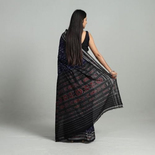 Image of ODISHAHANDLOOM Sambalpuri Pure Cotton Handloom Saree, Traditional Ikat Pattern, Red and Green, Without Blouse