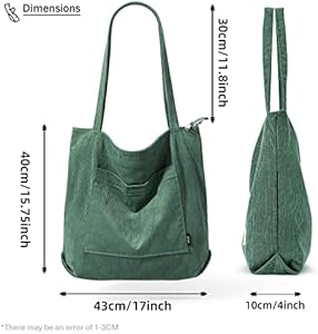KALIDI dikkere corduroy draagtas, extra grote capaciteit, handtassen, schoudertassen met rits, corduroy draagtas voor dames, meisjes, boodschappentas voor werk, school, college, dagelijks gebruik, Gras Groen