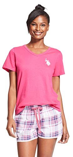 U.S. POLO ASSN. Cotton Pajamas for Women Set Short Sleeve, T-Shirt and Shorts (Pink Paradise, Medium)