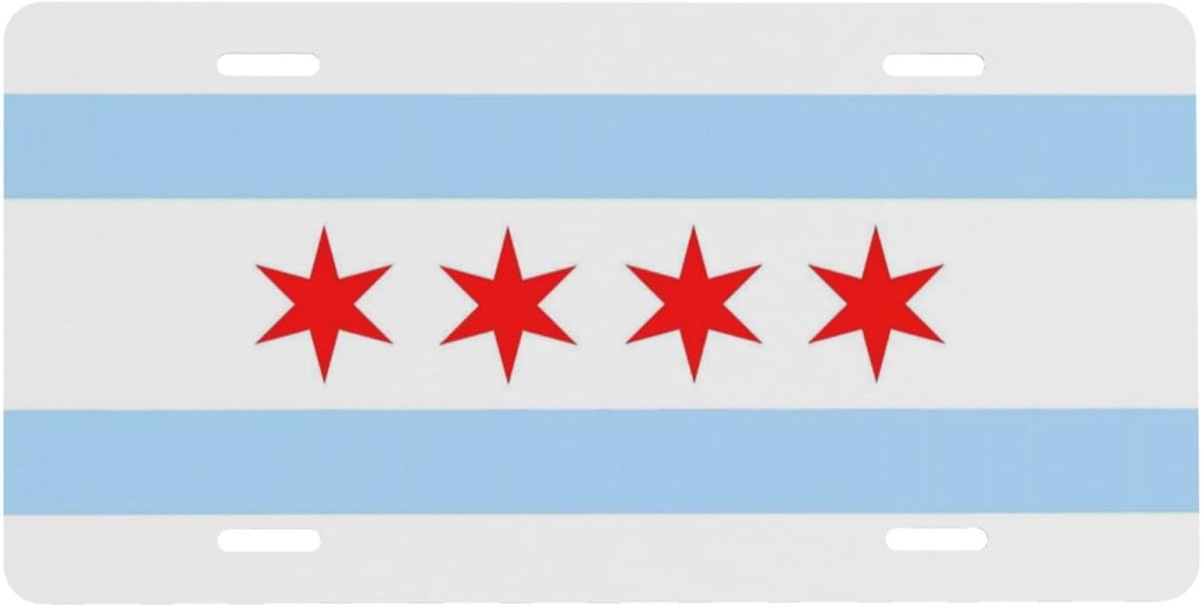 Chicago City Flag Aluminum License Plates Metal Car Plate Decorative Car Front License Plate Cover Novelty Vanity Tag Cars Decor Accessory 6 x 12 Inch (4 Holes)