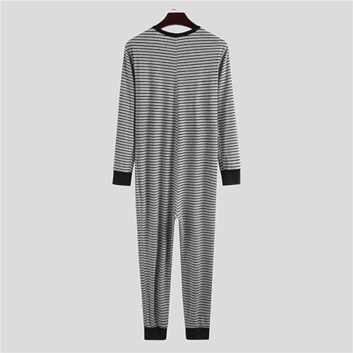 Men’S One Piece Pajamas Long Sleeve Comfy Jumpsuit Stripped Henley Button Onesie Romper Lounge Sleepwear Garment3