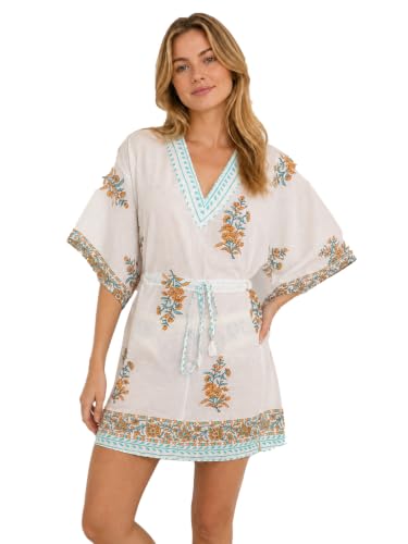 Image of FIKIMOS Cotton Hand Block Print Swimsuit Cover-up Beach Caftan Women's Print Kaftan-No-21 White One Size