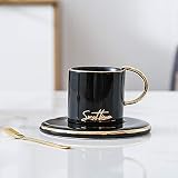 JIUJ Filiżanki ze spodkami Basic do herbaty, kawy, cappuccino, europejska ceramika, złota, zestaw filiżanek kontynentalnych, czarny
