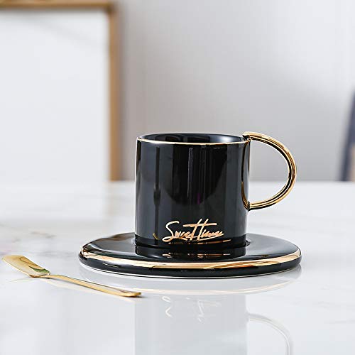 JIUJ Filiżanki ze spodkami Basic do herbaty, kawy, cappuccino, europejska ceramika, złota, zestaw filiżanek kontynentalnych, czarny