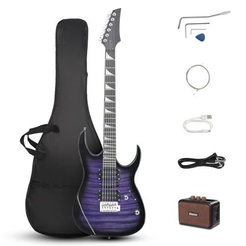 Ktaxon 39' Electric Guitar with 5Watt Amp, Full Size 170 Model Starter Guitar Kit for Beginners & Professionals W/Bag, Shoulder Strap, Wrench Tool, Plectrum - Tiger Purple
