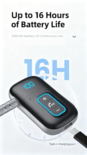 TISONNY Bluetooth 5.3 AUX Adapter for Car, Home Audio & Devices, Wireless Music Receiver, Hands-Free Calling, 3.5mm AUX Input, Sound, 16H Battery Life, Compact Design, Silver