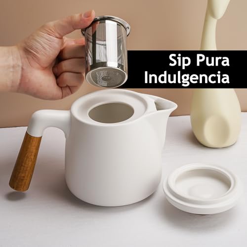 Miniatura 6 de Miamio Juego De Tetera De Cerámica De 1000 Ml Con Infusor Y Tazas Colador De Té, 4 Tazas De Té De Cerámica 300 Ml , Platitos De Bambú Asa Para El Hogar Y El Despacho Blanco