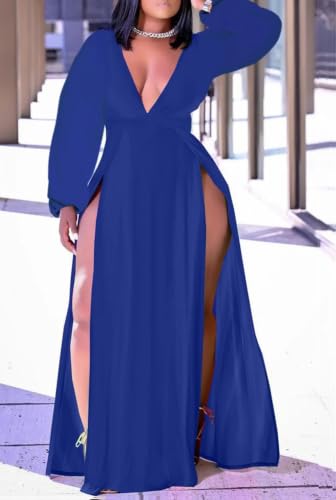 Image of Women's Plus Size Maxi Wrap Dress Sleeveless Deep V Neck Split Dress | Elegant front slit,formal evening, party,club,side split,sleeveless maxi dress
