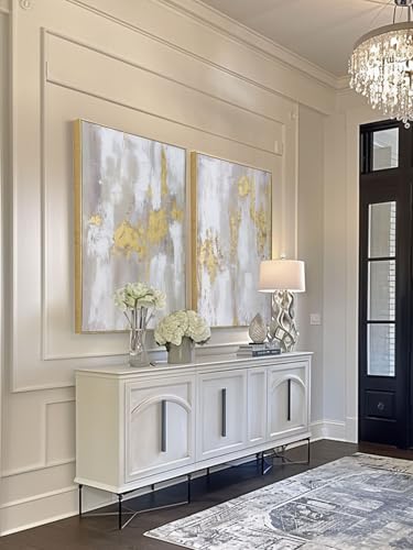 Image of Modern Gold and Neutral Abstract Wall Art - 24x36 inch x 2, Framed Canvas Artworks - Contemporary Decor for living room,bedroom