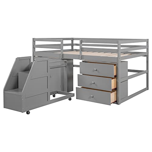 Solid Wood Full-Size Low Loft Bed Frame With Cabinets, Staircase With Hanging Clothes And Drawers For Kids, Pure Gray #TOP3