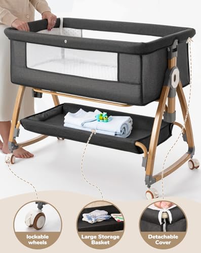 COMOMY 3-in-1 Babybett, Beistellbett Baby, Stubenwagen Baby mit Rollen inkl. Matratze & Moskitonetz, 6-Fach Höhenverstellbar