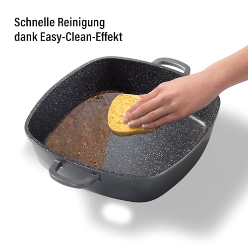 Foto von STONELINE Servierpfanne Eckig 28 cm, Eckige Pfanne Induktion mit Deckel, Aroma Funktion, Aluguss, Antihaft Pfanne Beschichtet mit echten Steinpartikeln, Für alle Herdarten, Backofen, Grau