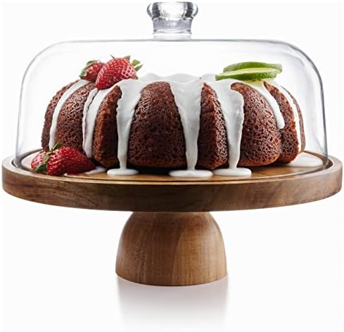 Homesphere Cake Stand with Acrylic Lid, Acacia Wood Base, Acrylic Dome, Multifunctional 2 in 1 Use, Charcuterie Board, Cheese Board, Serving Platter for Cakes, Pastries, Muffins, Desserts