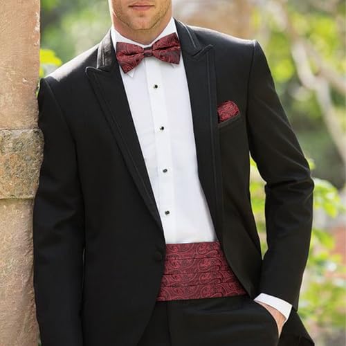 Image of Barry.Wang Men Silk Paisley Cummerbund and Pre-tied Bowtie Handkerchief Cufflink Set for Tuxedo