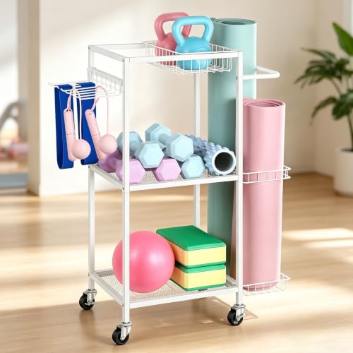 Weight Rack for Dumbbells Yoga Mat Storage Rack Home Gym Equipment Storage Rack Workout Equipment Storage Cart with Hooks for Yoga Mats, Dumbbells, Kettlebells, and Resistance Bands, White