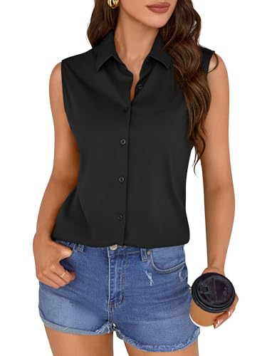 Womens Button up Blouses Black Shirt Women Blouse Sleeveless for Down Sheer Shirts Vest Tops Summer Fitted Collarless Dressy Cap Sleeve Collar Tank Top Formal Office Casual Work Official Black M
