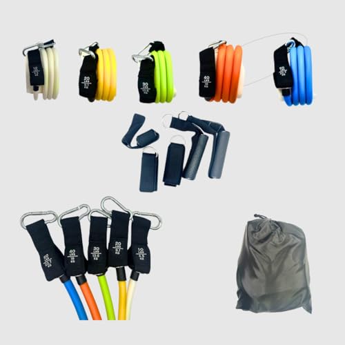 Resistance Bands Set - 5pcs Elastic Color Bands from 50lbs to 10lbs with Exercise kit. Includes The Following Items: 2pcs Handles, 2 pcs Ankle Strap, 1pc Door Anchor and a Bag.