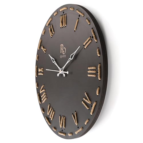 Image of Wooden Round Shape Roman Dial Wall Clock with Silver Hands & Golden Jute Rope Detailing | Silent Quartz Movement Anti Reflection Analog Vintage Clock for Office & Home (Black, 15.5 Inch)