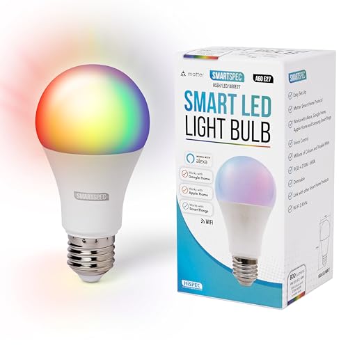 SMARTSPEC Smart Bulb, Smart WiFi LED Light. Works with Amazon Alexa, Google Home, Apple Home. Colour Changeable. Multicolour Smart Light Bulb NUUK-A60 ACK Matter E27 SMARTSPEC Smart Bulb, Smart WiFi LED Light. Works with Amazon Alexa, Google Home, Apple Home. Colour Changeable. Multicolour Smart Light Bulb NUUK-A60 ACK Matter E27
