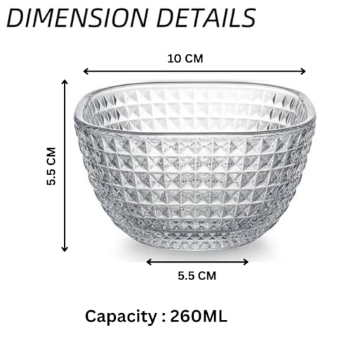 Image of Glassbunny 260ML Square Glass Bowl Set - Transparent Dessert & Snack Serving Bowls - Minimalist Classic Design with Soothing Texture - Multipurpose Kitchen & Dining Set 6Pc